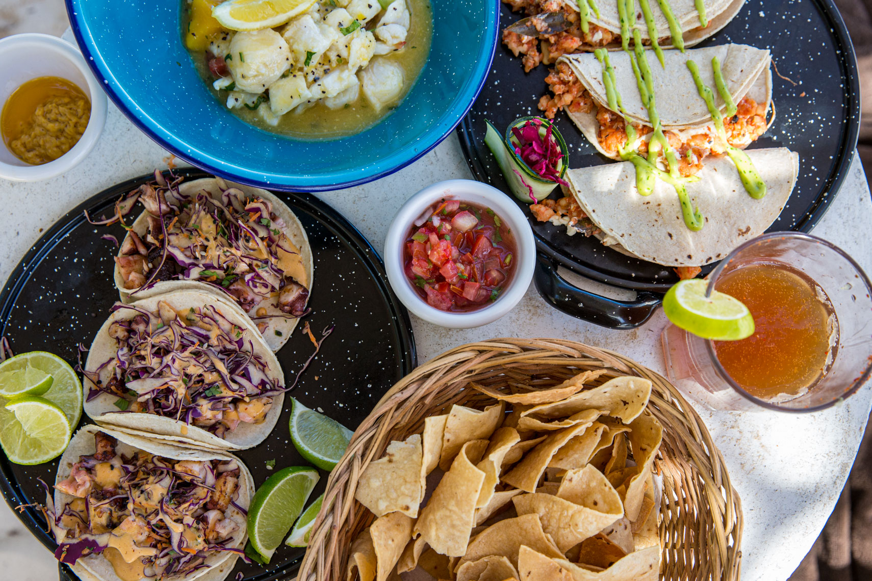 Overhead shot of Mexican food and drink platter