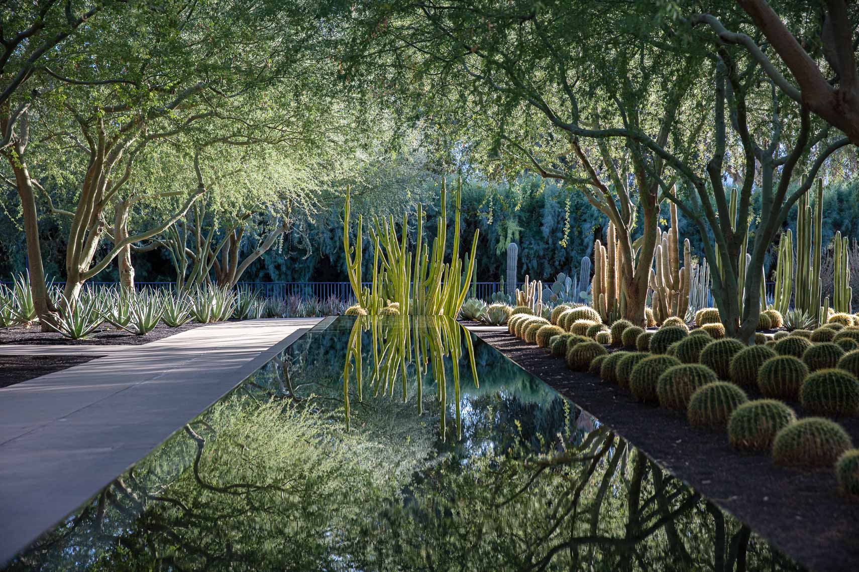 Reflective pool with impressionist painting inspired gardens and landscape